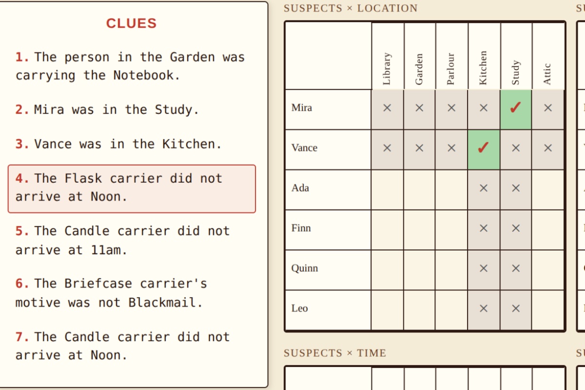 Alibi - Free daily logic-grid deduction puzzle