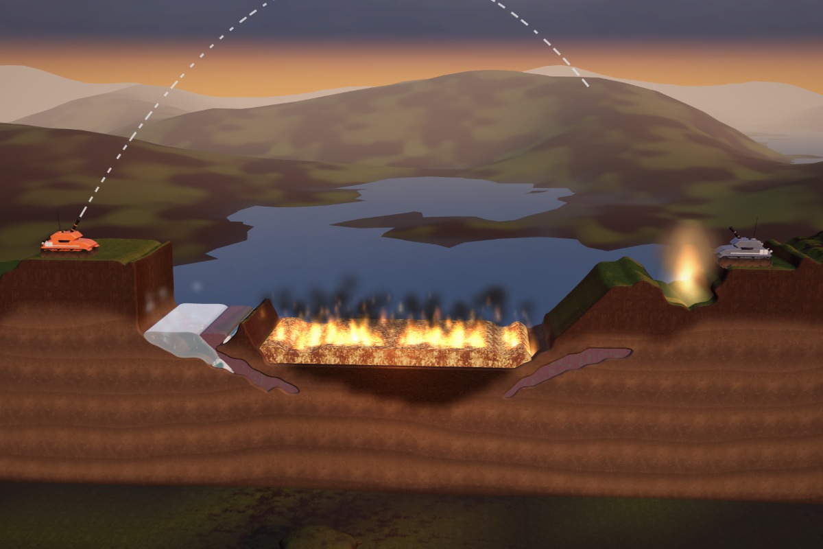 Faultline - Free online 3D artillery game on living ground that pours, floods and burns